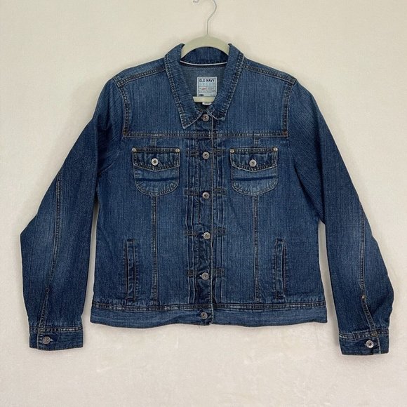 OLD NAVY Women Size XL 100% Cotton Dark Wash Blue Trucker Jacket Button Down - Picture 1 of 8
